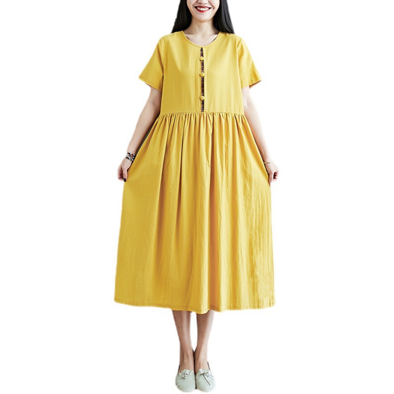 New Style Cotton And Linen Ethnic Style Retro Loose Large Size Solid Color Dress