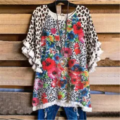 New Lace Ruffle Sleeves Crew Neck Print Colorblock Women's Loose T-Shirt - Flowers - View 1