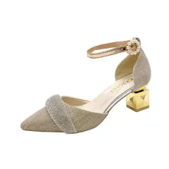 A Word Buckle With Wrapped Head Thick With Female Hollow High Heel Sandals - Champagne-36 - View 1