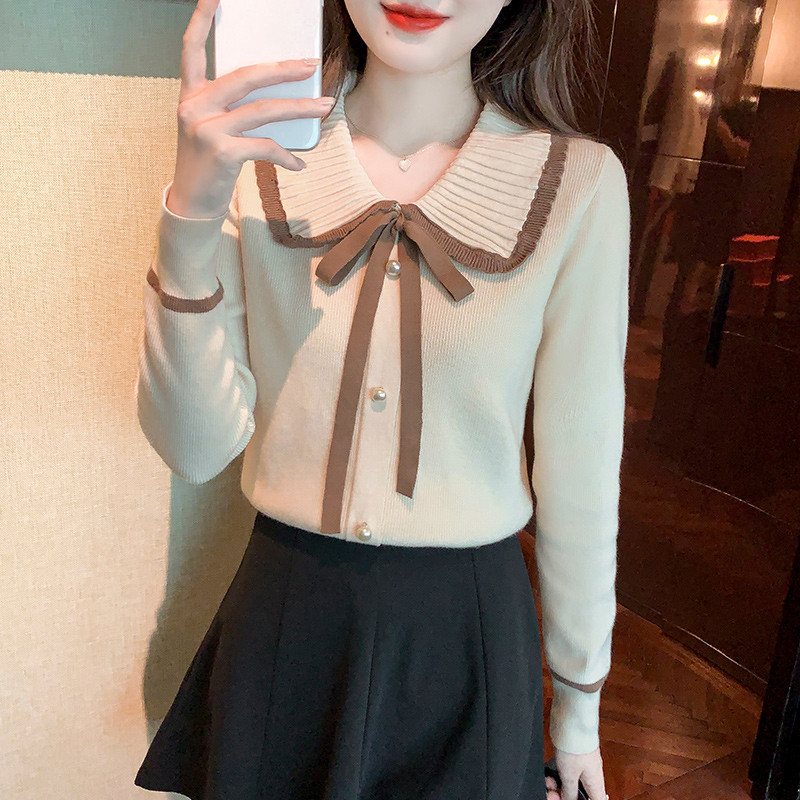 Doll Collar Knitted Sweater Women's Inner Design Long Sleeves