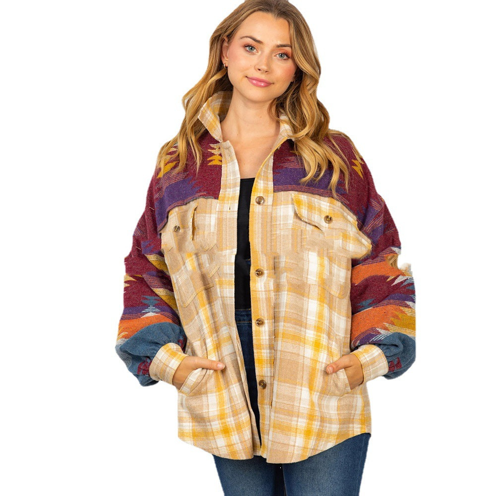 AZTEC Plaid Stitched Wool Coat Women Lapel Pocket Yellow - Shop at LoveMi