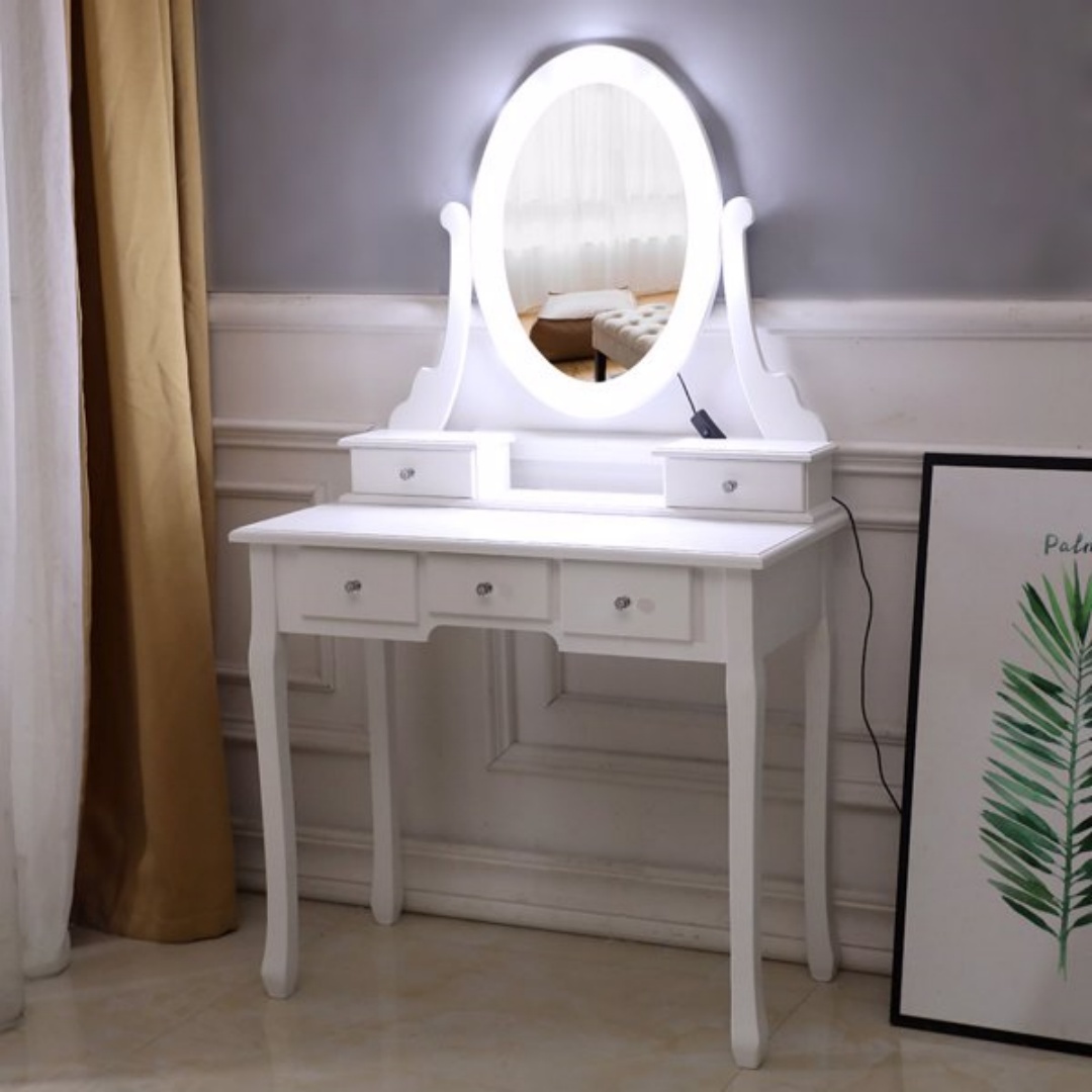 With Light Bulb Single Mirror 5 Drawer Dressing Table White 7