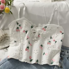 Sweet Wind Embroidered Embroidered Beaded Bow Decoration Short Lace Small Vest Women - White - View 1