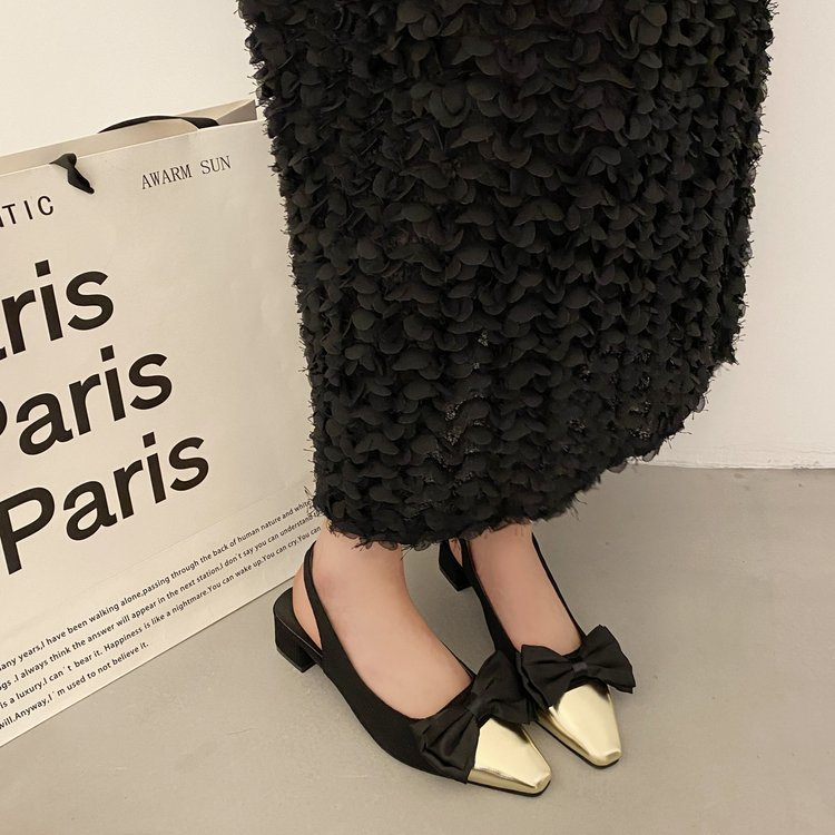 Vintage-Inspired Bow Slingback Heels With Metallic Cap Toe For Women