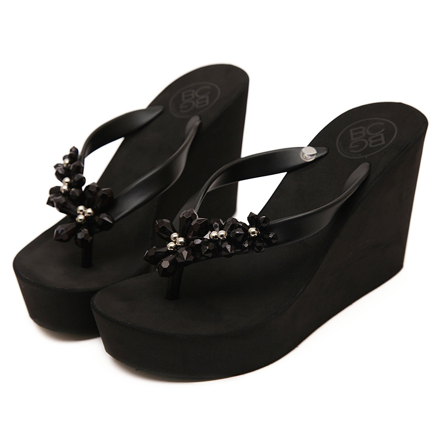Crystal Beads Flower Slope With Platform Flip Flops