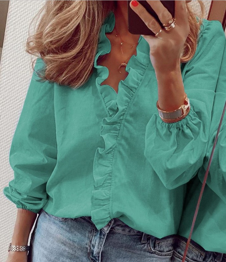 Amazon European And American Foreign Trade New Style Printed Wood Ears V-Neck Long-Sleeved Shirt Women