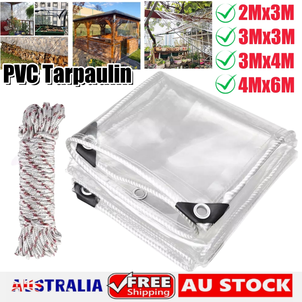 420GSM Heavy Duty Clear PVC Tarpaulin Cloth Transparent Tarps Grommets  2M X 3 M