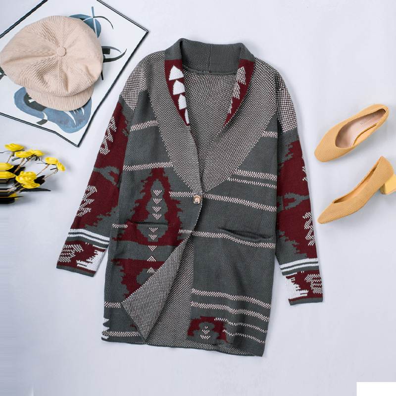 Long Printed Button Cashmere Knitted Cardigan Top Women