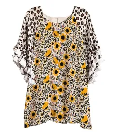 New Lace Ruffle Sleeves Crew Neck Print Colourblock Women's Loose T-Shirt - Color6-M - View 1