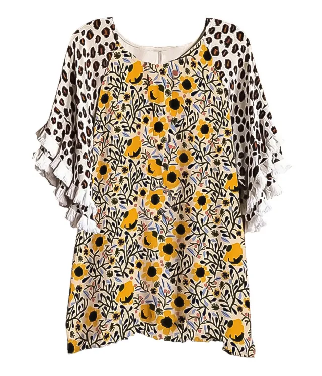 New Lace Ruffle Sleeves Crew Neck Print Colorblock Women's Loose T Shirt Color6 M - Shop at LoveMi