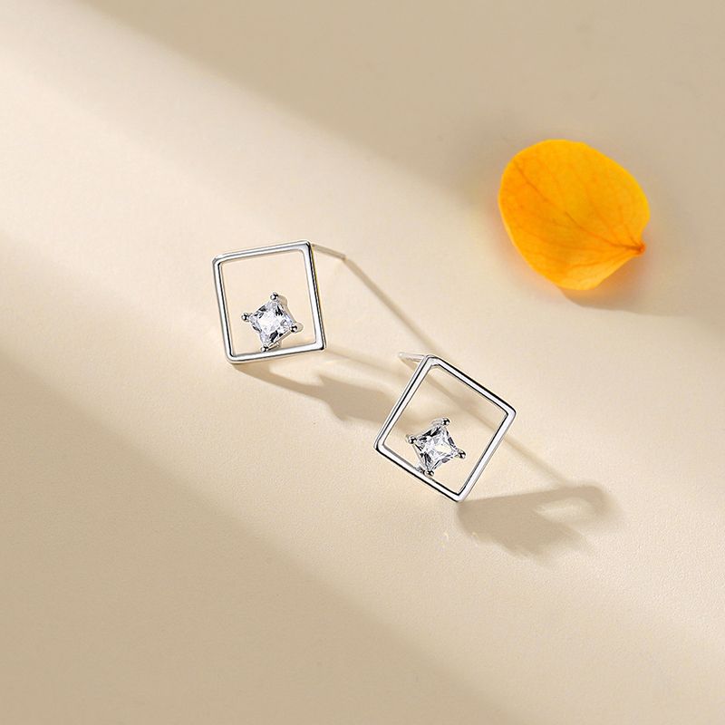 S925 Silver Simple Diamond Quadrilateral Stud Earrings