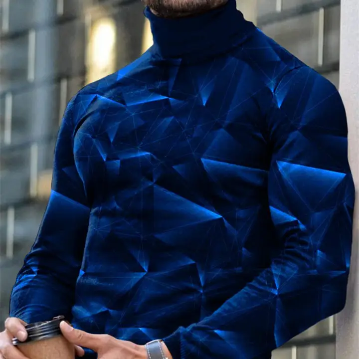 Autumn Winter Men's Long Sleeve Turtleneck T Shirt Printed Casual Top