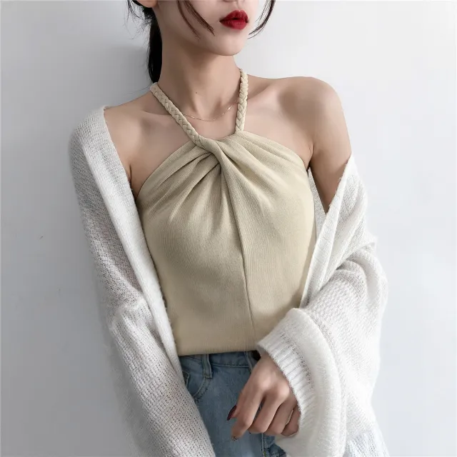 Off the shoulder Knitted Camisole Women's New Sexy Outer Wear Apricot - Shop at LoveMi