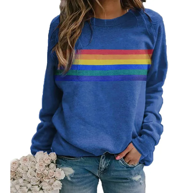 Color Striped Print Round Neck Pullover Long Sleeve Sweater Blue - Shop at LoveMi