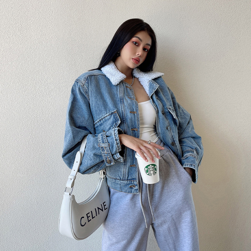 Women's American Style Retro Warm Lamb Wool Denim Jacket