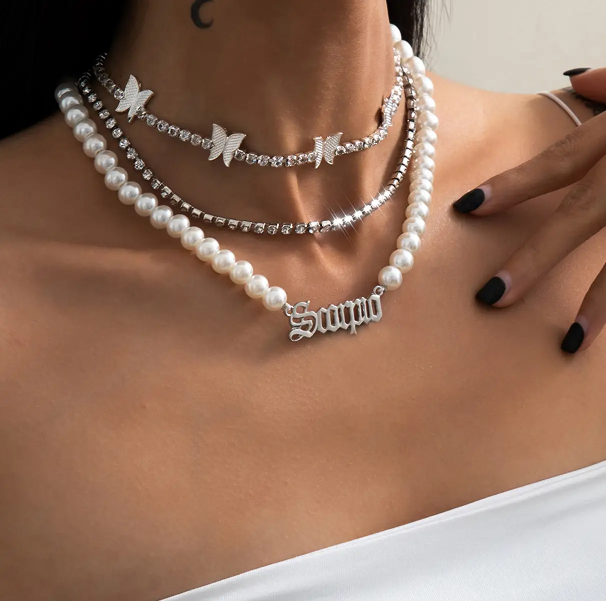 Vintage Letter Imitation Pearl Combination Butterfly Necklace Set