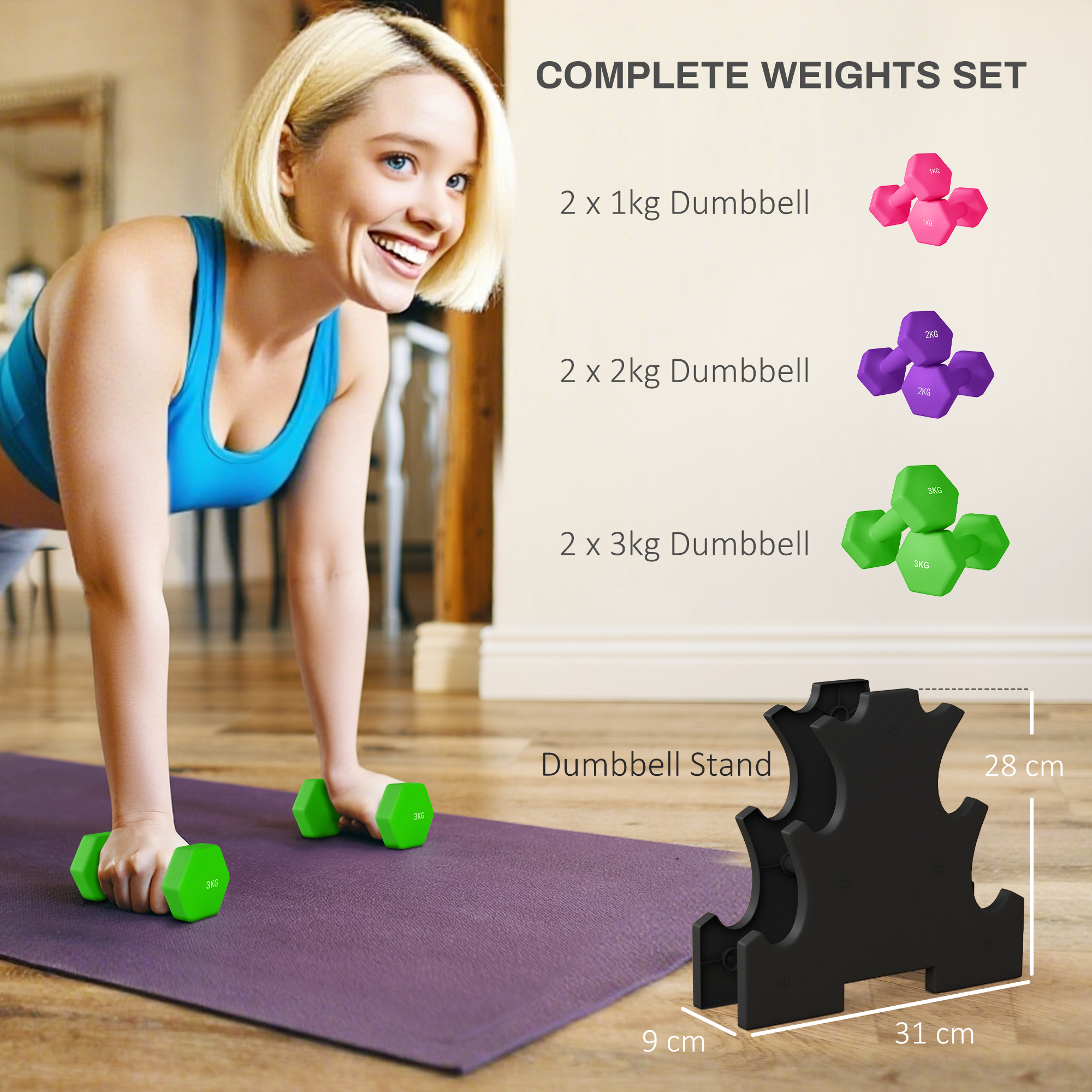 Dumbbell Set With Storage Rack , 2 X 1kg, 2 X 2kg, 2 X 3kg