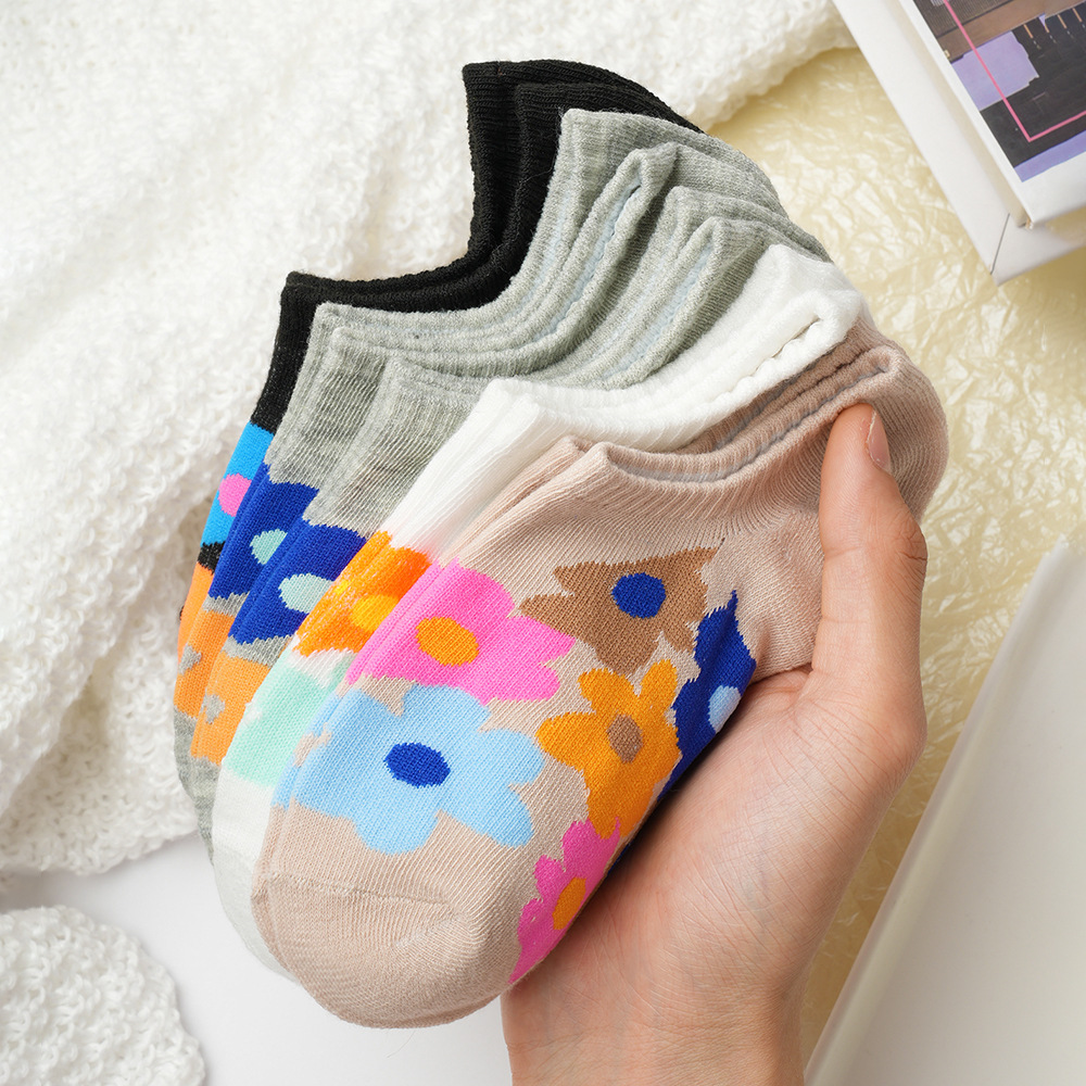 Vibrant Floral Print No Show Socks, Colorful Abstract Flower Pattern Low-Cut Liner Socks, Women's Cute Casual Socks For Sneakers & Summer