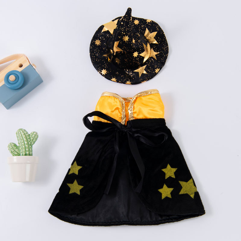 Halloween Pet Wizard Costume For Cats And Small Dogs, 2-Piece Witch Hat And Starry Cape Cosplay Set, Adjustable Magic Wizard Outfit For Kittens Puppies, Black Gold Pet Magician Cosplay Clothes