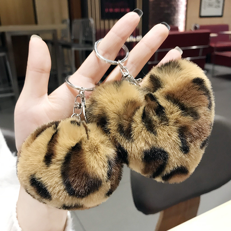 New Leopard Love Fur Ball Car Key Chain Pendant Small Gift – Khaki, Leopard Love Fur Ball