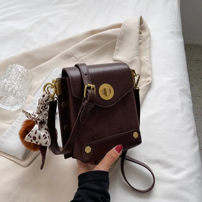 Bag Hair Ball Small Square Retro Frosted Crossbody - Coffee