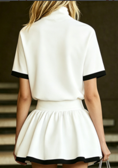 White & Black Contrast High-Neck Short-Sleeve Top & Pleated Skirt Set