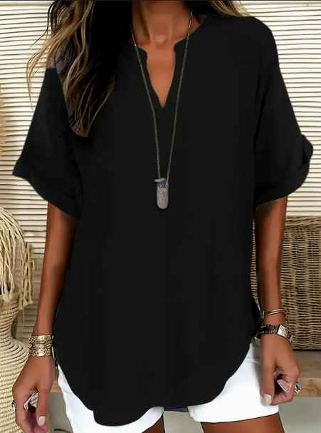 2026 New Women Solid Color Notch V Neck Blouse Casual Nine Points Sleeve Elegant Office Ladies Shirt