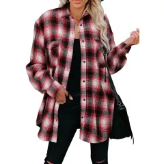 European And American Women's Plaid Mid-length Loose Lapel Cardigan Shirt - Red - View 1