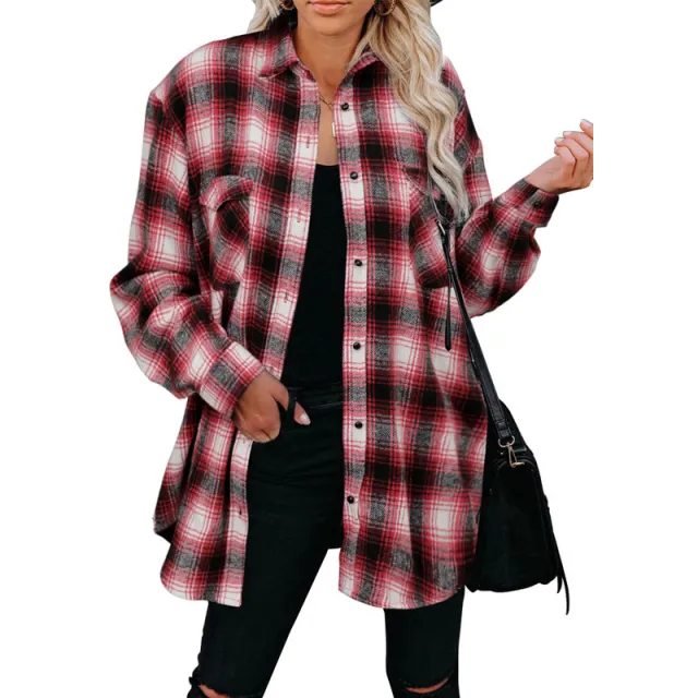 European And American Women's Plaid Mid length Loose Lapel Cardigan Shirt Red - Shop at LoveMi