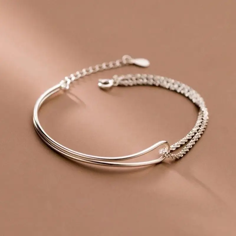 1pcs 999 Sterling Silver Double-Layer Bangle & Tennis Chain Bracelet, Delicate Luxury Style, Ideal For Birthday Gifts