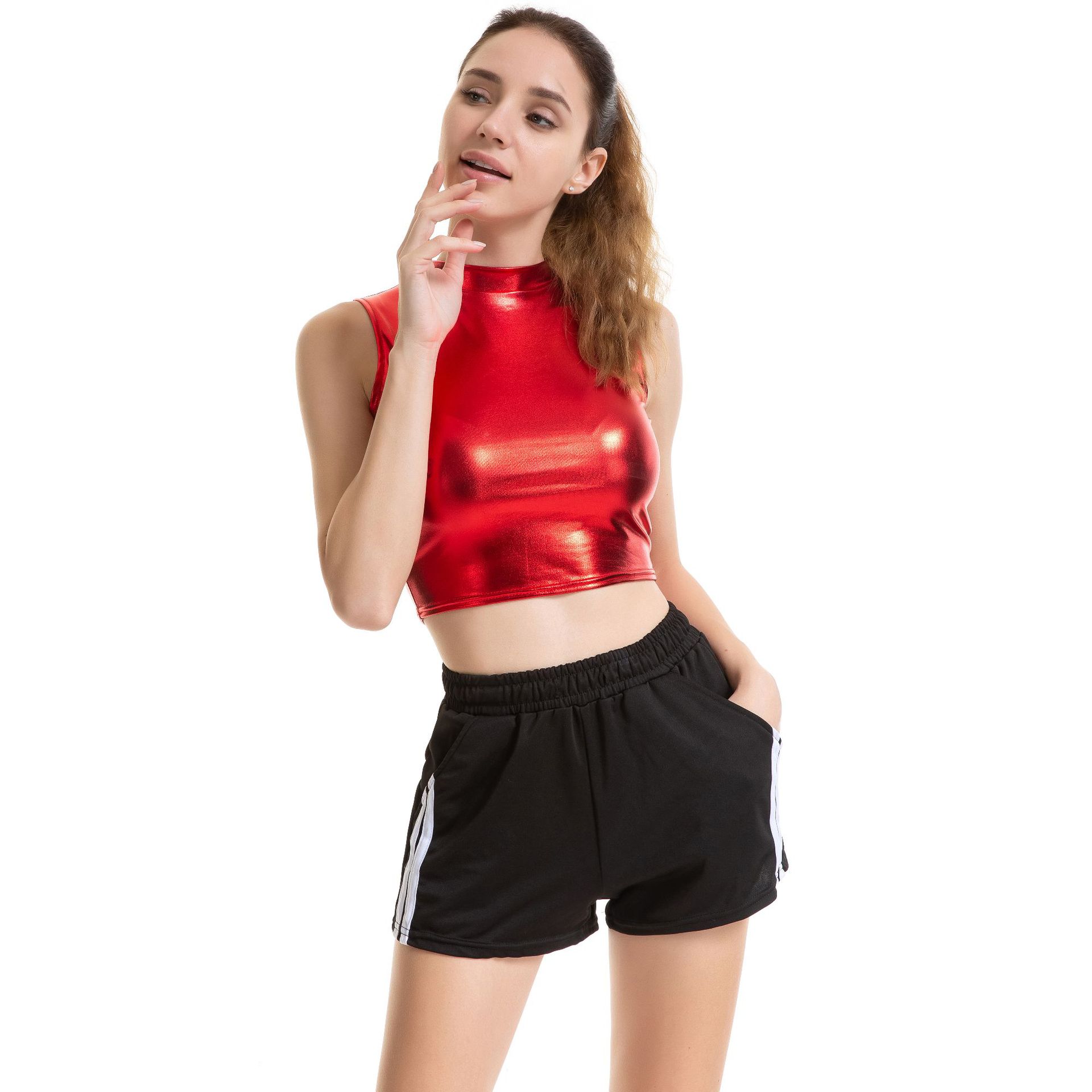 Bright And Patent Leather Small Turtleneck Slim Fit Stage Costumes