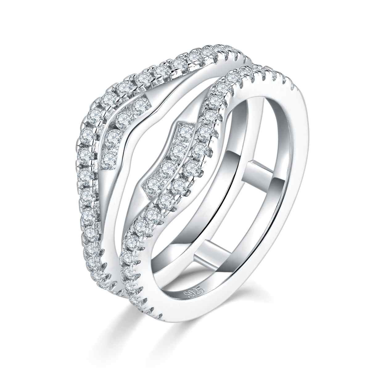 S925 Sterling Silver Double Band Ring, 54 D-VVS1 Moissanite Pave, Platinum Plated 4.7g US Sizes 5-9, GRA Certified Gift Box