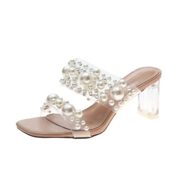 Outer Wear Thick Heel Transparent Crystal With Rivet Half drag Sandals Women Khaki - Shop at LoveMi