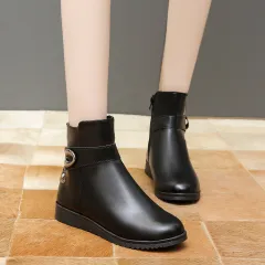 Low Heel Wedge Fleece Warm Mom Cotton Boots - Black - View 1