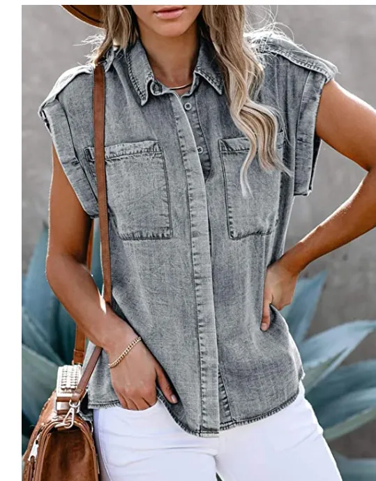 New Style Sleeveless Denim Shirt Straight Pocket Loose Blouse Women Grey - Shop at LoveMi