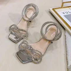 Bow-knot Square-toe Rhinestone High-heel Moccasin Sandals - Silver - View 1