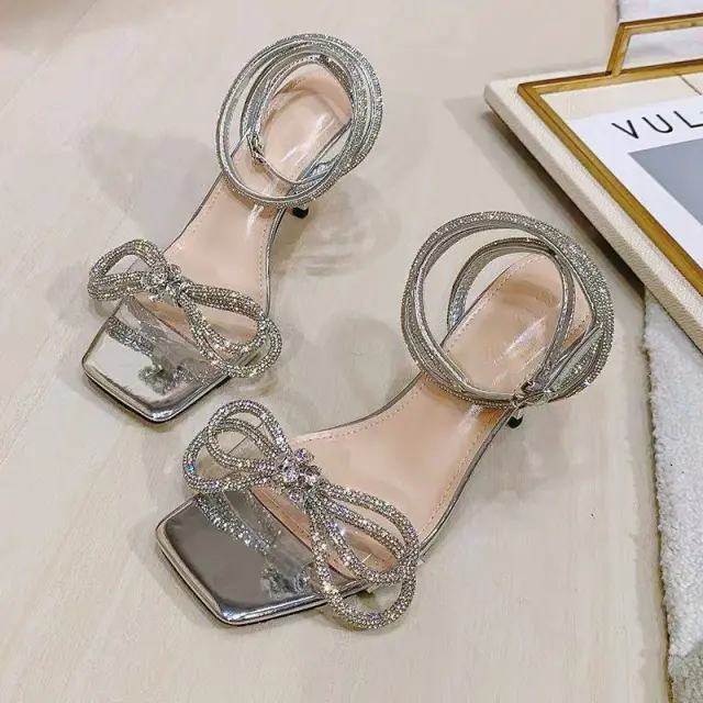 Bow knot Square toe Rhinestone High heel Moccasin Sandals Silver - Shop at LoveMi