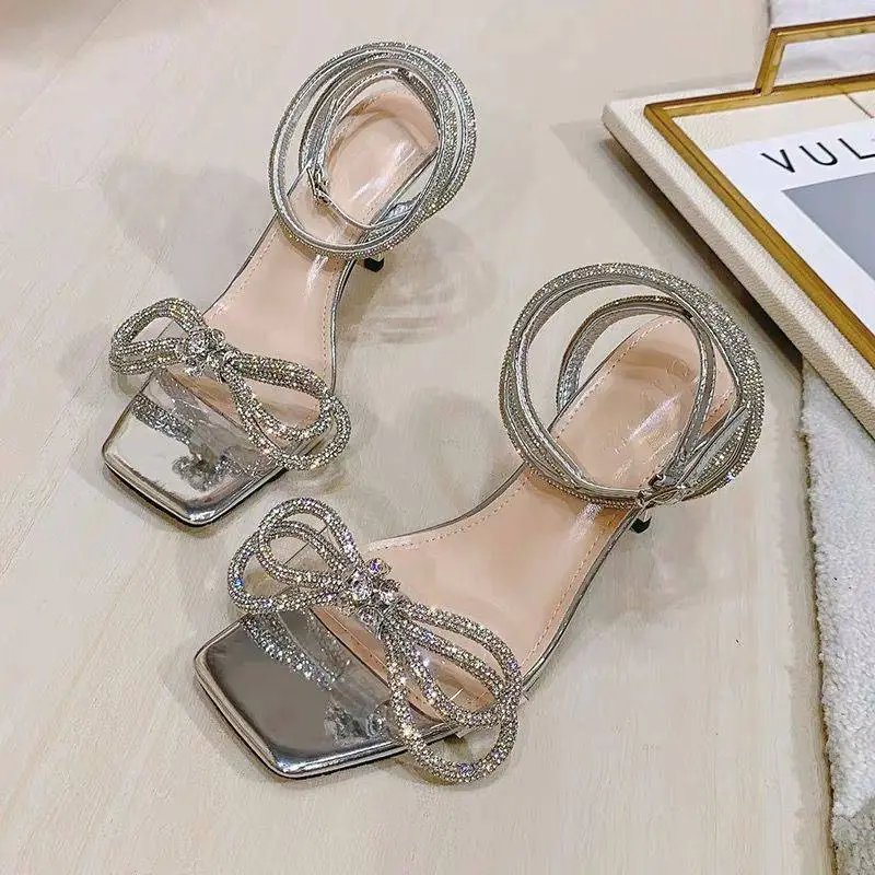 Bow-knot Square-toe Rhinestone High-heel Moccasin Sandals - Silver