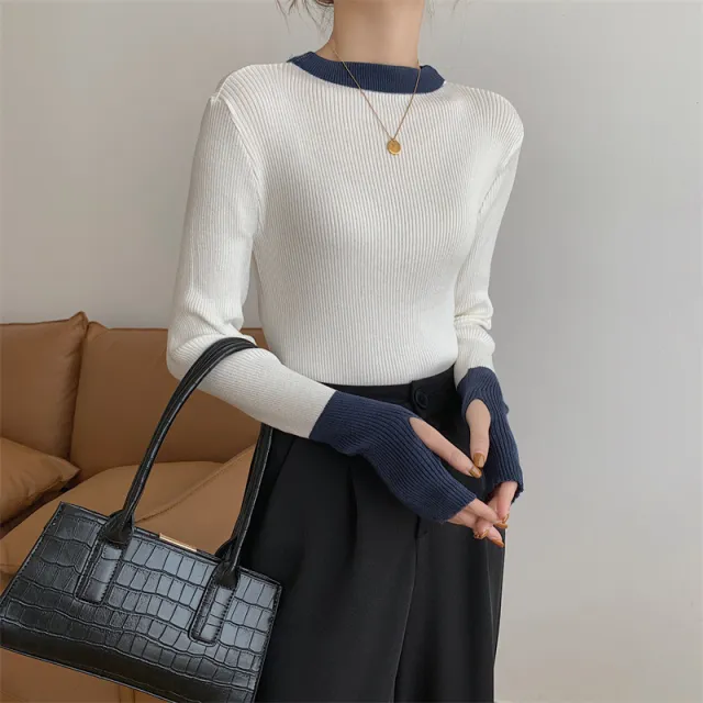 Women's Contrast Sweater Design Knit Top White - Shop at LoveMi