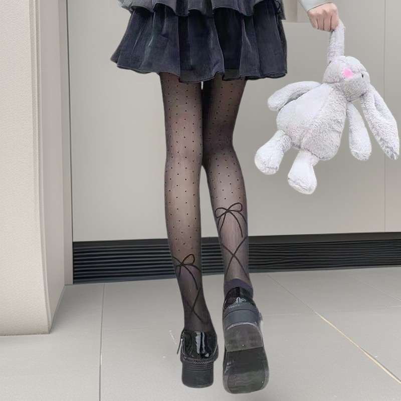 Black Silk Bow Tie Strap With Polka Dot Print Casual Pantyhose
