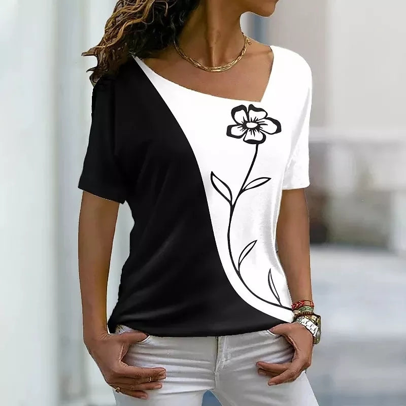 Printed Crew Neck Women's Contrast Short Sleeve T-Shirt
