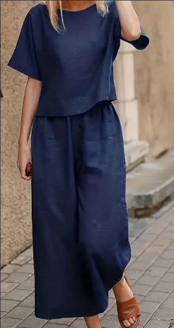 Chic Solid Two piece Set Comfortable Crew Neck T Shirt & Flattering Wide Leg Pants Effortless Casual Womens Clothing Navy Blue - Shop at LoveMi