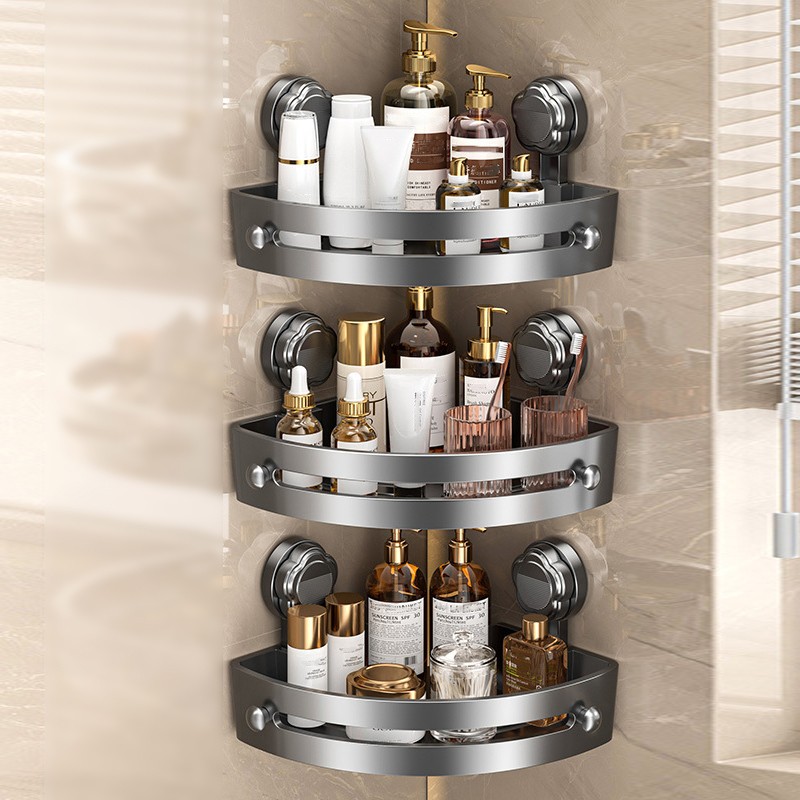 Suction Cup Bathroom Corner Shelf No Drill Aluminium Wall Mounted Storage Rack — image 3
