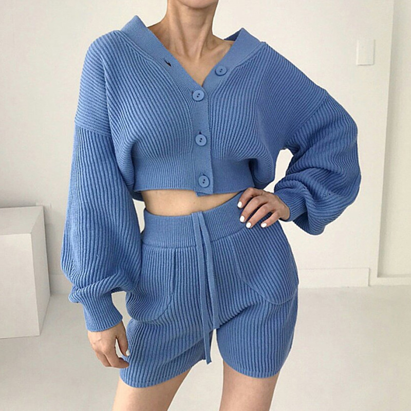 V-neck Knitted Cardigan High Waist Casual Shorts Suit