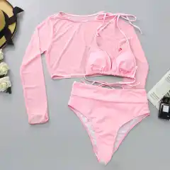 New Swimsuit Sexy Bikini High Waist Three-piece Set - Pink - View 1