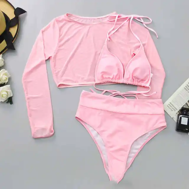 New Swimsuit Sexy Bikini High Waist Three piece Set Pink - Shop at LoveMi