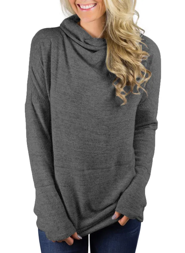 High Neck Long Sleeve Collage Pocket Blouse Women's Sweater Dark Grey - Shop at LoveMi