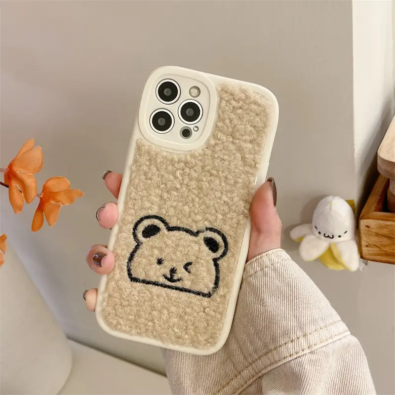 Simple Plush Embroidered Bear Shockproof Phone Case