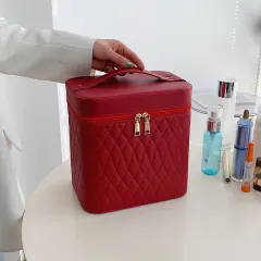 Portable Cosmetic Bag With Mirror Design Fashion Rhombus-Embroidery Double-layer Suitcase Large Capacity Make-up Storage Bags For Women - Red - View 1