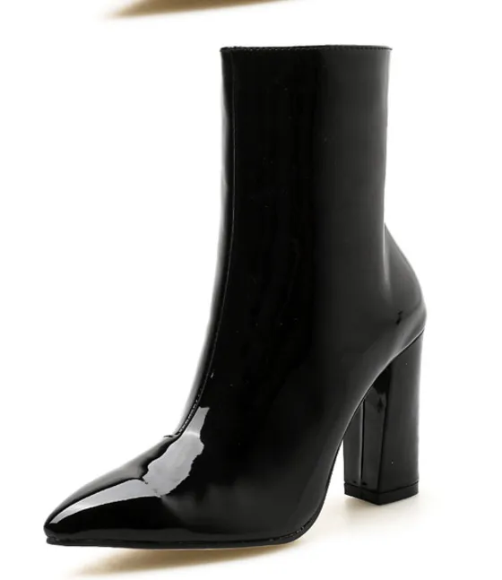 Patent Leather Fabric Pointed Toe Chunky Heel High heel Zipper Knight Boots Black - Shop at LoveMi